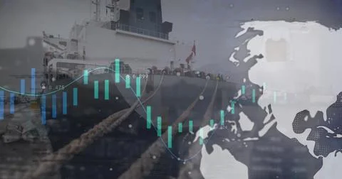 Image of graphs and processing data over globes and ship in harbour Stock Photos
