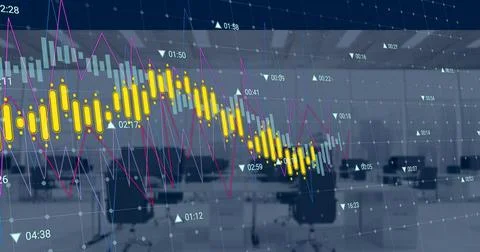 Image of graphs and processing data over computers on desks at office Stock Photos