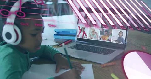 Image of graphs and processing data over african american boy with laptop in 写真素材