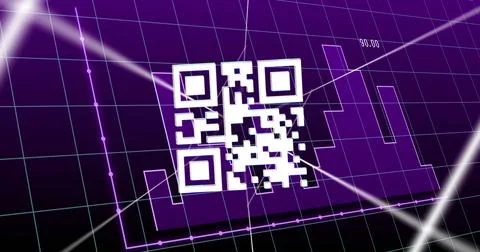 Image of graphs and qr code on violet background Stock Photos