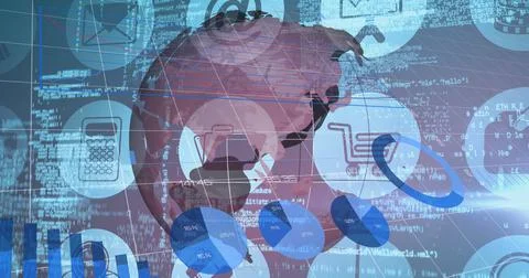 Image of graphs and rotating globe over technology icons and data processing Illustrazione stock