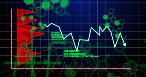Image of graphs and scientific data over navy background Foto stock