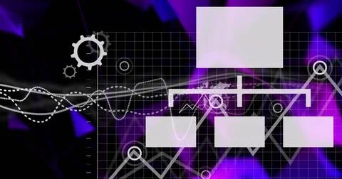 Image of graphs and technology items over black and violet background Stock Photos