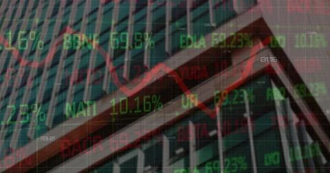 Image of graphs and trading board over low angle view of building against sky Ilustración de archivo