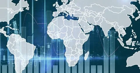 Image of graphs and world map on blue background 스톡 사진