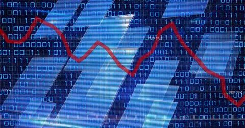 Image of graphs, binary code and navy background Stock Photos