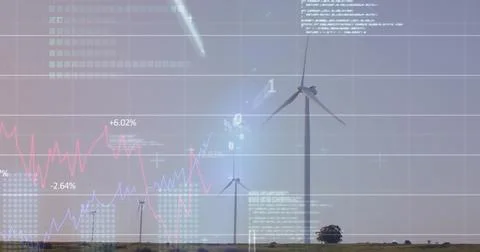 Image of graphs, binary codes and computer language over windmills against sky Foto stock