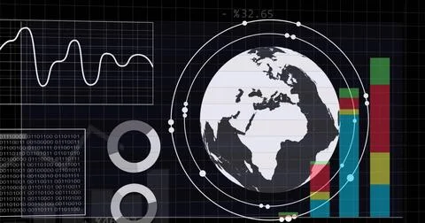 Image of graphs, binary codes and globe in circles over black background Stock Photos