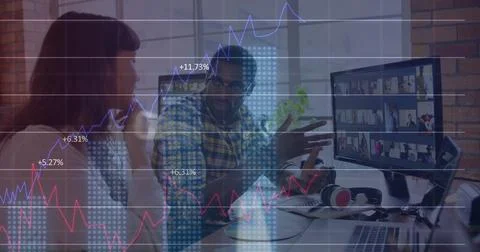 Image of graphs, binary codes, computer language, diverse coworkers discussing Illustrazione stock