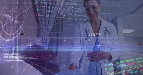 Image of graphs, binary codes, computer language, diverse female doctor dis.. Stock Photos