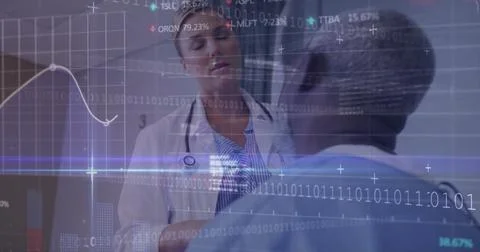 Image of graphs, binary codes, computer language, diverse female doctor exa.. Stock Photos