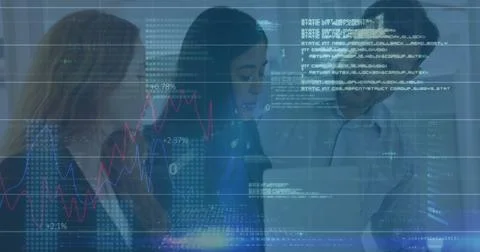 Image of graphs, binary codes, computer language over diverse coworkers sha.. Stock Photos