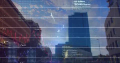 Image of graphs, binary codes, computer language, low angle view of buildings Foto stock