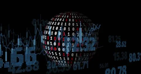 Image of graphs, binary codes forming globe and changing numbers over black Stock Photos