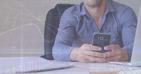 Image of graphs, binary codes, trading board over caucasian businessman usi.. Foto stock