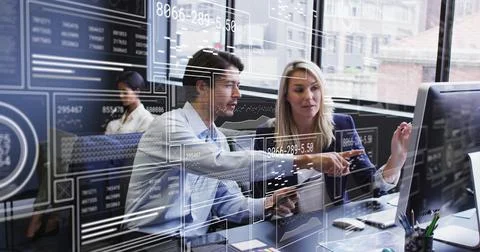 Image of graphs, changing number, loading bars, circles, caucasian coworker.. Stock Photos