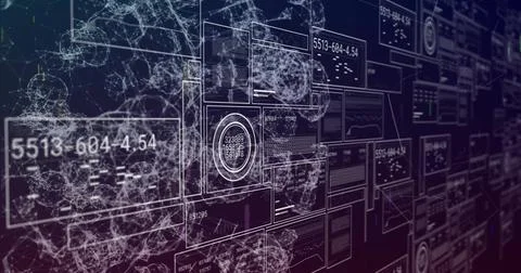 Image of graphs, changing number, loading circle, bars, connected dots forming Stock Photos