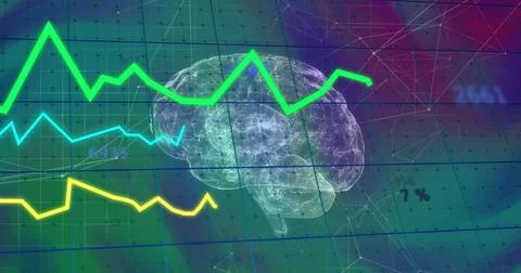 Image of graphs, changing numbers and connected dots over digital human brain 写真素材