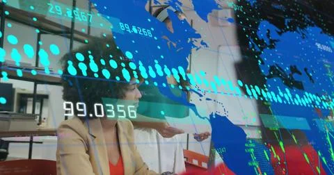 Image of graphs, changing numbers and map over diverse woman sharing ideas with Stock Photos