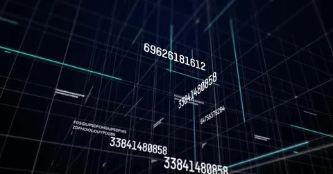 Image of graphs, changing numbers and letters with grid pattern over black .. Stock Photos