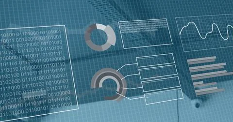 Image of graphs, changing numbers, binary codes over surveillance camera and Stock Photos