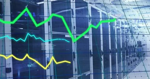 Image of graphs, changing numbers, computer language over data server room 写真素材
