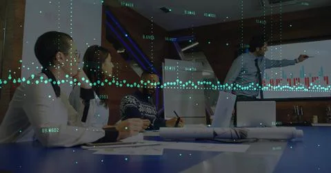 Image of graphs with changing numbers, diverse manager explaining reports on Stock Illustration