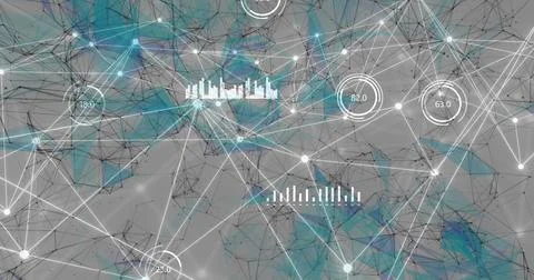 Image of graphs, changing numbers in loading circles connected dots forming Ilustración de archivo