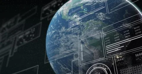 Image of graphs, changing numbers loading bars, circles over globe against Stock Illustration