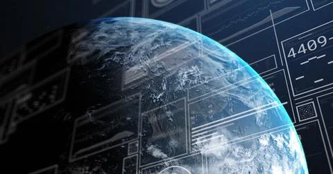 Image of graphs, changing numbers loading bars, circles over globe against Stock Illustration