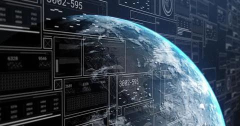 Image of graphs, changing numbers loading bars, circles over globe against Stock Illustration