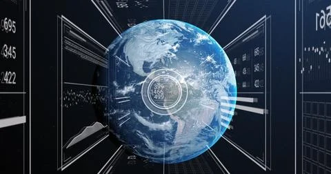 Image of graphs, changing numbers, loading circles and bars over globe on Stock Illustration