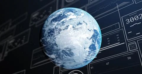 Image of graphs, changing numbers, loading circles and bars over globe on Stock Illustration