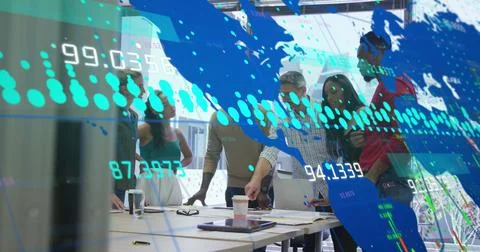 Image of graphs, changing numbers, map and computer language, diverse coworkers Stock Photos