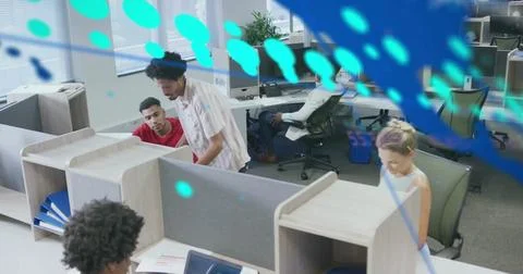 Image of graphs, changing numbers, map and computer language, diverse coworkers Stock Photos