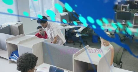 Image of graphs, changing numbers, map and computer language, diverse coworkers 스톡 사진