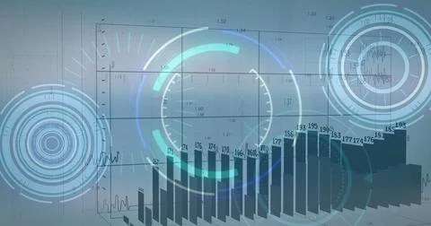 Image of graphs with changing numbers over loading circles against abstract Ilustración de archivo