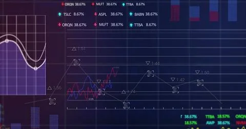 Image of graphs, changing numbers, trading boards and computer language over Stock Photos