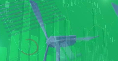 Image of graphs, charts against wind turbines on green digital interface Stock Photos