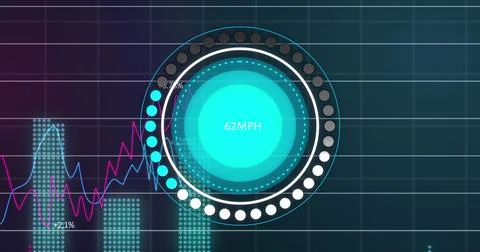 Image of graphs, circle and data on navy background Stock Photos