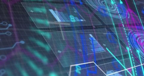 Image of graphs, circle and multicolored abstract pattern against black Stock Photos