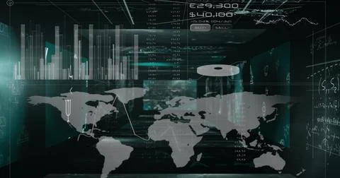 Image of graphs, circle and numbers over map against mathematical equations in Stock Photos