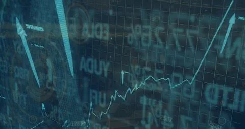 Image of graphs, circles, changing numbers, up arrows and trading board over Ilustración de archivo