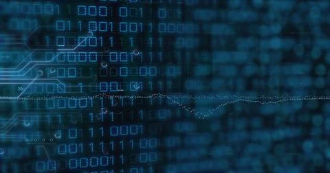Image of graphs, circuit board pattern and binary codes over black background Stockfoto's