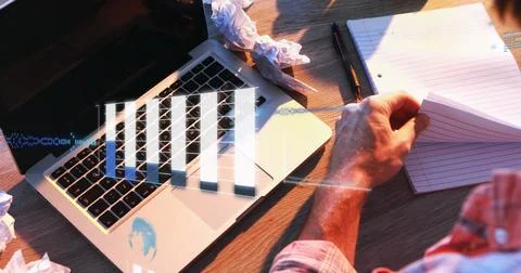 Image of graphs, computer language and globes, overhead view of biracial man Stock Photos