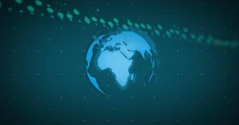 Image of graphs, computer language, circuit board pattern around globe on Stock Photos