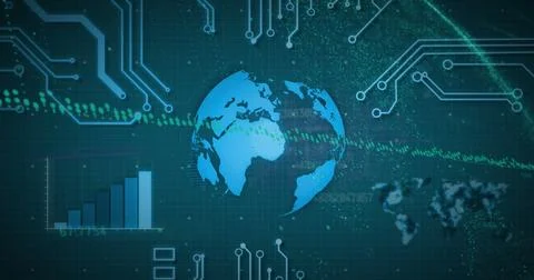 Image of graphs, computer language, circuit board pattern around globe on Stock Photos