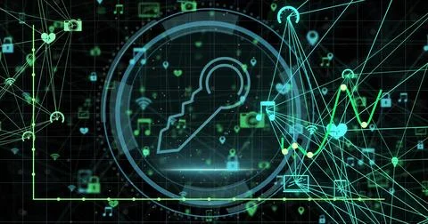Image of graphs, cyber security, key and connections on black background Stock Photos