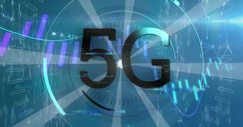 Image of graphs, data and 5g on blue background Stock Illustration