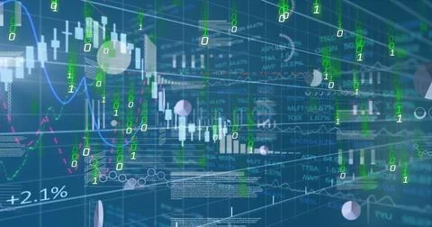 Image of graphs, data and binary code on blue background Stock Illustration